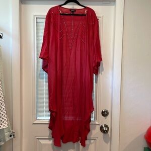 Torrid Red Crinkled Gauze Crochet Inset Longline Kimono